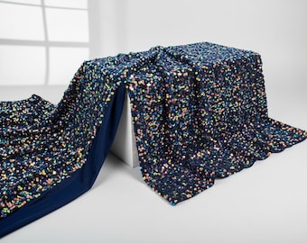 Rainbow Iridescent Black Stretch Velvet with Shiny 5mm Sequins, 54" Wide Fabric Sold by the Yard