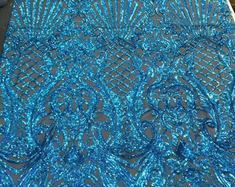 Turquoise iridescent damask sequin design on a 4 way stretch black mesh-dresses-prom-nightgown-sold by the yard-free shipping in the USA-