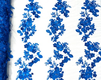 Royal Blue Diana 3d floral design embroider with pearls in a mesh lace-sold by the yard.
