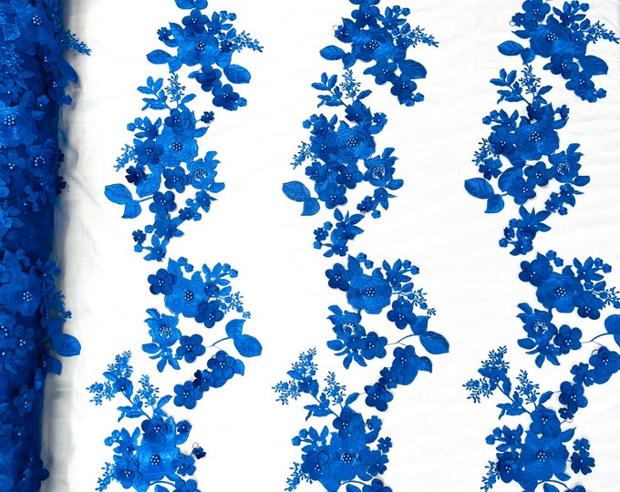 Royal Blue Diana 3d floral design embroider with pearls in a mesh lace-sold by the yard.