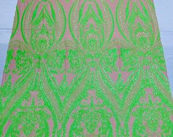 Neon Green iridescent sequin damask design on a nude 4 way stretch mesh-48”-50”-prom-nightgown-sold by the yard.