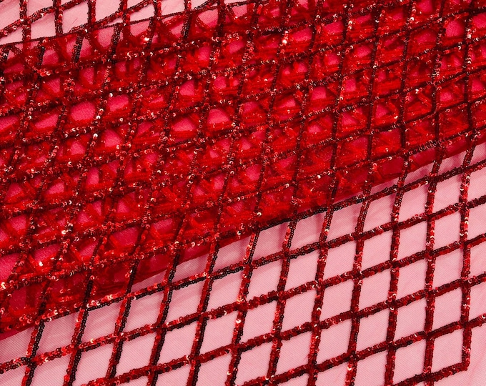 Diamond Sequin Mesh Fabric 54" Wide| Wedding & Party-Red
