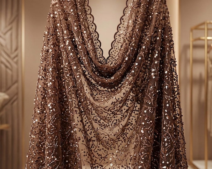 Brown Luxury Beaded Mesh Fabric With Pearls & Sequins | Wedding Dress Lace By The Yard | Prom Gown Fabric