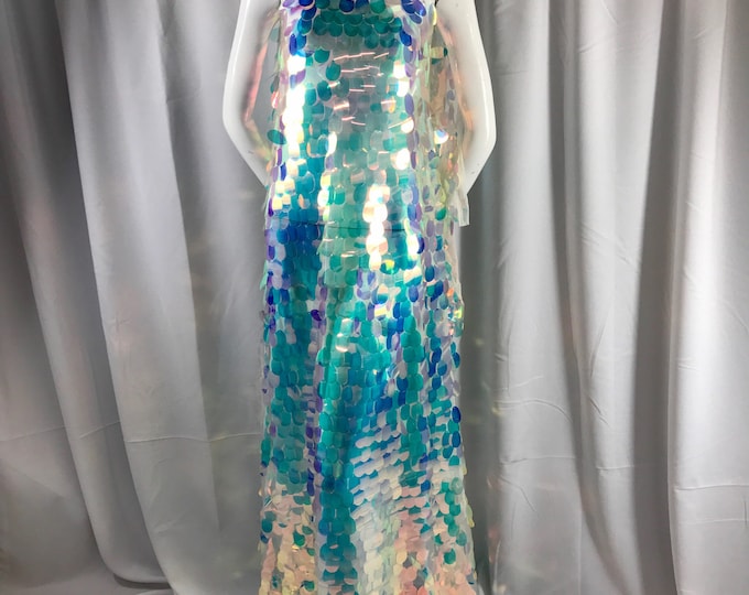 clear hologram iridescent mermaid fish scales on a mesh-prom-decorations-dresses-Sequins-nightgown-craft-sold by the yard.