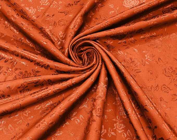 Rust 60" Wide Polyester Roses/Flowers Brocade Jacquard Satin Fabric/Cosplay Costumes, Skirts, Table Linen/Sold By The Yard.