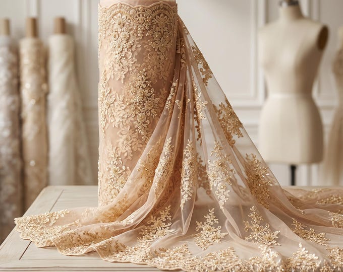 Blush Floral Damask Beaded Lace Fabric By The Yard, Sequin Embroidered Mesh Lace For Bridal Gowns, Wedding Dresses & Prom Couture