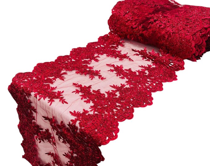 BURGUNDY 14"Wide  Sequins Red Metallic Embroidered Lace on Mesh Fabric, Trim Lace, Table Runner. Sold By The Yard.