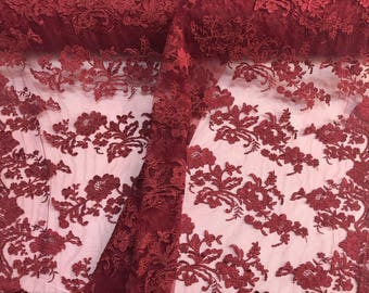 Burgundy floral design embroider and corded on a mesh lace fabric-prom-decorations-nightgown-fashion-sold by the yard.