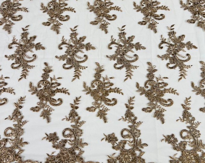 Macha Lex floral design corded and embroider with sequins on a mesh lace fabric-prom-sold by the yard.