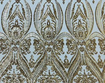 Gold empire damask design with shiny sequins embroider on a 4 way stretch mesh fabric-sold by the yard.