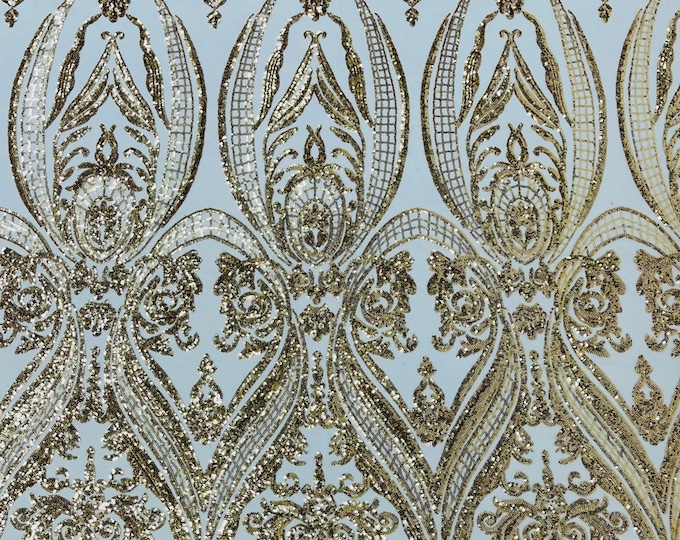 Gold empire damask design with shiny sequins embroider on a 4 way stretch mesh fabric-sold by the yard.