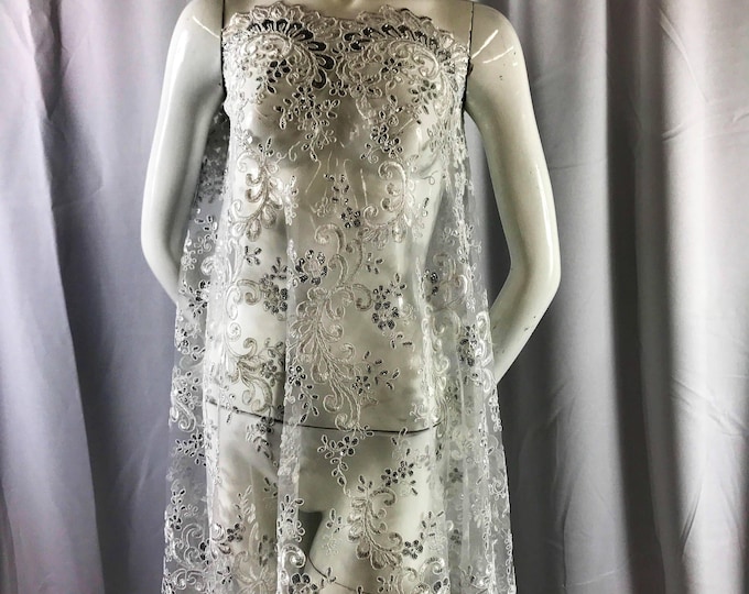 Ivory french corded design-embroider with sequins on a mesh lace fabric-prom-nightgown-decorations-dresses-sold by the yard