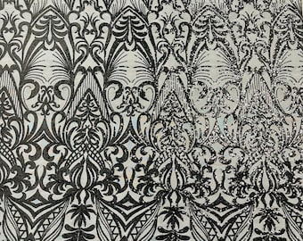 Black sequin damask design on a 4 way stretch mesh fabric-prom-sold by the yard.