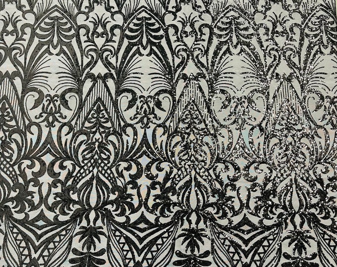 Black sequin damask design on a 4 way stretch mesh fabric-prom-sold by the yard.