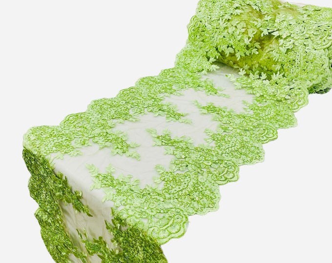 SAGE GREEN 14"Wide  Sequins Gold Metallic Embroidered Lace on Mesh Fabric, Trim Lace, Table Runner. Sold By The Yard.
