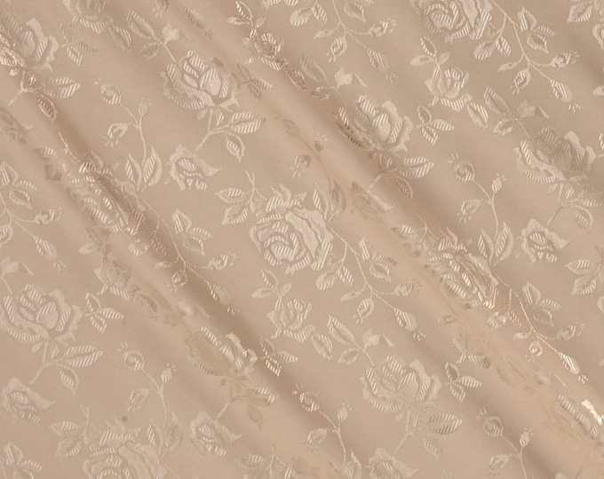 Champagne 60" Wide Polyester Flower Brocade Jacquard Satin Fabric, Sold By The Yard.