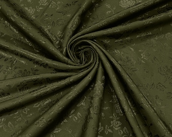 Olive Green 60" Wide Polyester Roses/Flowers Brocade Jacquard Satin Fabric/Cosplay Costumes, Skirts, Table Linen/Sold By The Yard.