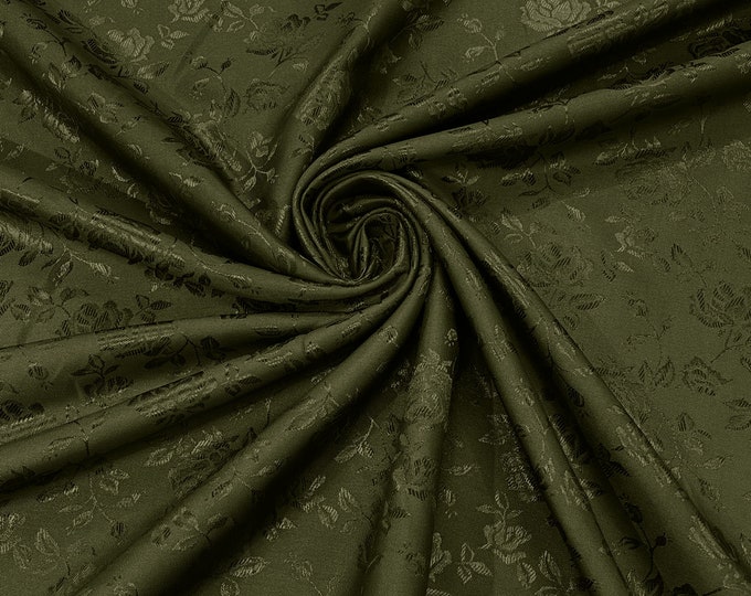 Olive Green 60" Wide Polyester Roses/Flowers Brocade Jacquard Satin Fabric/Cosplay Costumes, Skirts, Table Linen/Sold By The Yard.