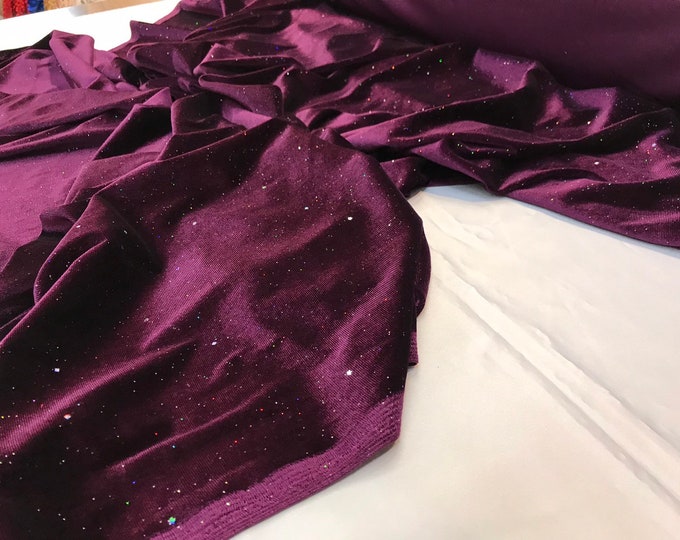 Dark purple stretch velvet with silver iridescent glitters-Selena fabric-prom-nightgown-sold by the yard-free shipping in the USA-