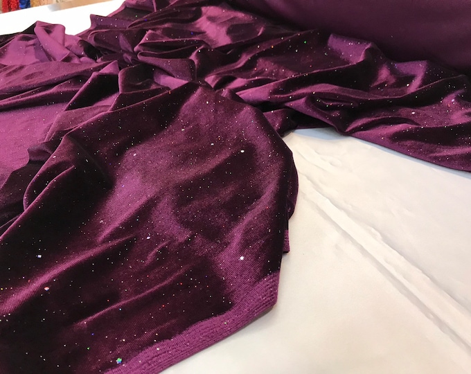 Dark purple stretch velvet with silver iridescent glitters-Selena fabric-prom-nightgown-sold by the yard-free shipping in the USA-