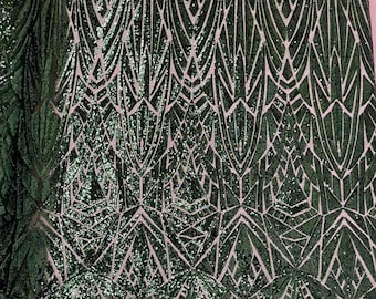 Hunter Green Geometric shiny sequin design on a 4 way stretch mesh-sold by the yard.