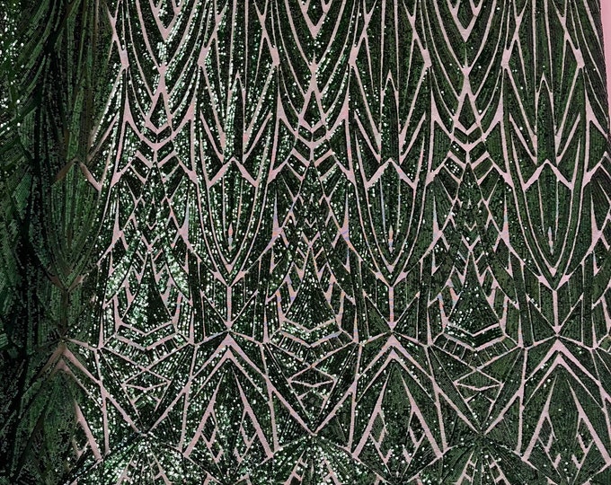 Hunter Green Geometric shiny sequin design on a 4 way stretch mesh-sold by the yard.