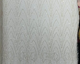 Ivory - Luxury Chain Geometric Beaded Lace, By The Yard.
