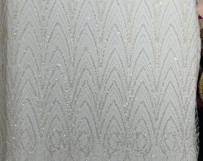 Ivory - Luxury Chain Geometric Beaded Lace, By The Yard.
