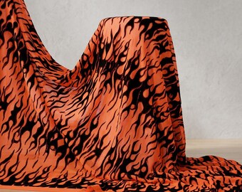 Neon Orange Flame Fabric 60” Wide | Black Flocked Flames Mesh with Red Glitter | Hot Rod Upholstery, Custom Apparel Material