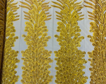 New Vegas heavy beaded feather design embroidery on a mesh fabric-Sold by the panel- Yellow
