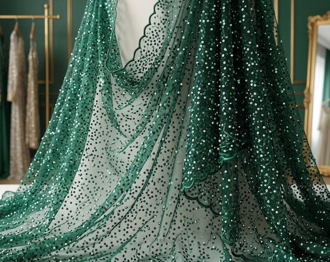 Hunter Green Luxury Beaded Mesh Fabric With Pearls & Sequins | Wedding Dress Lace By The Yard | Prom Gown Fabric