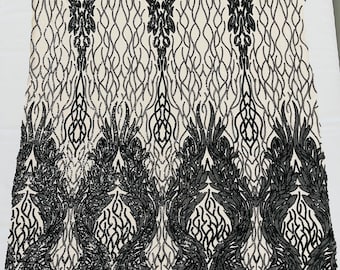 Black iridescent damask sequin design on a nude 4 way stretch mesh fabric-prom-sold by the yard.
