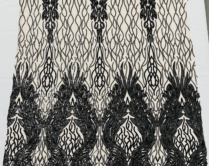 Black iridescent damask sequin design on a nude 4 way stretch mesh fabric-prom-sold by the yard.