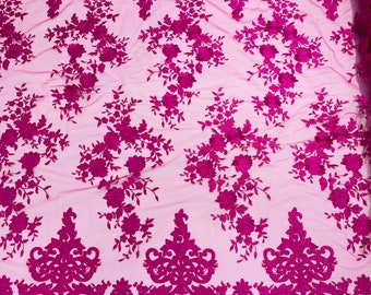 Fuchsia flowers flat lace embroider on a 2 way stretch mesh Sold by the yard.