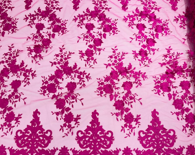 Fuchsia flowers flat lace embroider on a 2 way stretch mesh sold by the yard.