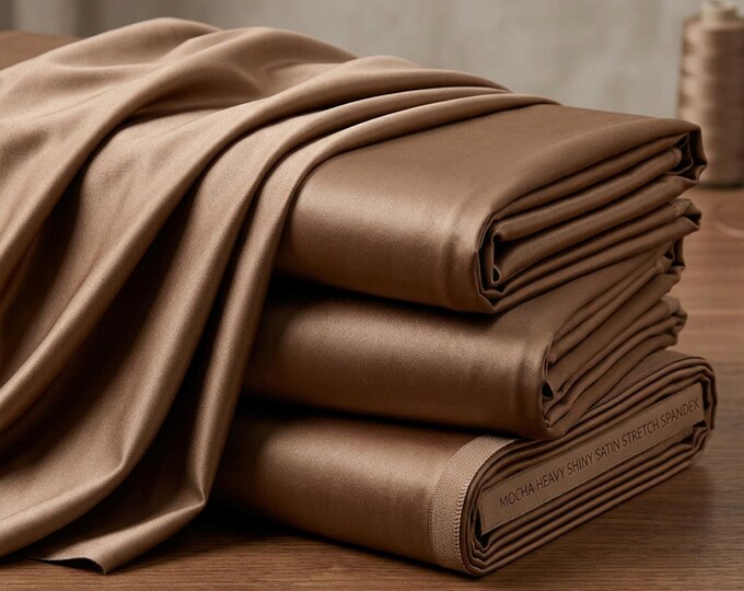 Mocha Heavy Shiny Satin Stretch Spandex Fabric 58" Wide, Brown Satin Fabric, Stretch Dress Fabric, Prom & Apparel Fabric By The Yard