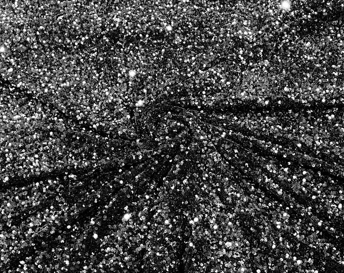 Black All-Over 5mm Shiny Sequins Stretch Velvet 54" Wide.