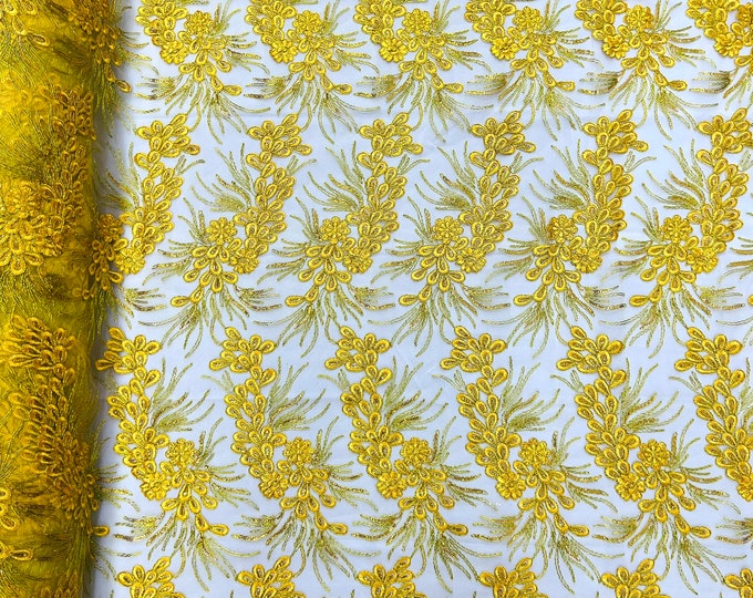 Yellow feather design lace with metallic cord and embroider with sequins on a mesh-Sold by the yard.