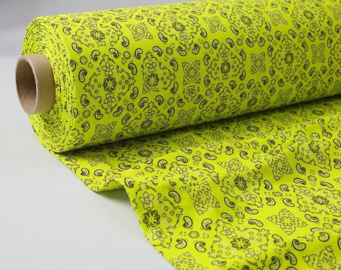 Neon Yellow Metallic Bandanna Print Stretch Tricot Spandex Fabric | 4 Way Stretch Nylon Lycra | Sold By The Yard