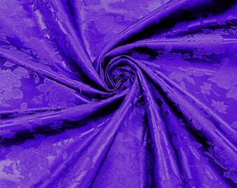 Violet Purple Big Rose Brocade Jacquard Satin Fabric, 60" Wide, Sold by the yard.