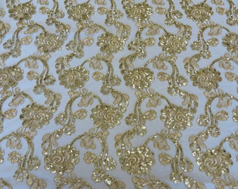 Light Gold flower lace corded and embroider with sequins on a mesh-prom-nightgown-Sold by the yard.