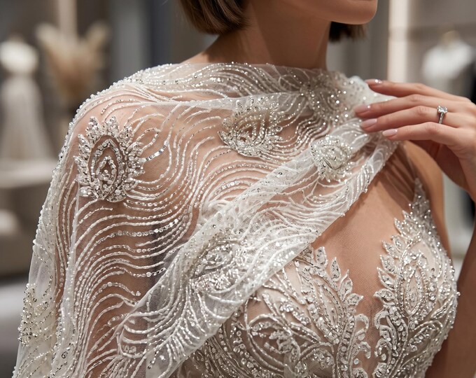 Off White Beaded Lace Fabric by Yard, Metallic Embroidered Mesh Lace for Bridal Dress Wedding Gown Decor