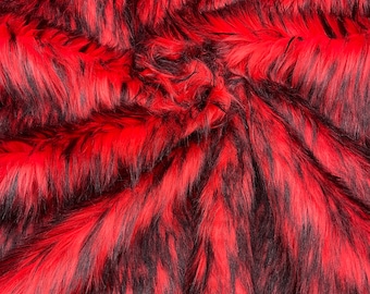 Red/black husky faux fur, 2 tone shaggy faux fur 60" wide.