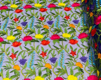 Maria multi color Mexican Sarape floral design embroider on a Purple mesh lace-sold by the yard.