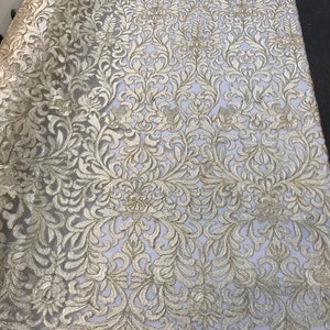 DK-GOLD METALLIC DAMASK LACE EMBROIDERY ON A TEXTURE MESH-BY YARD. main image 1