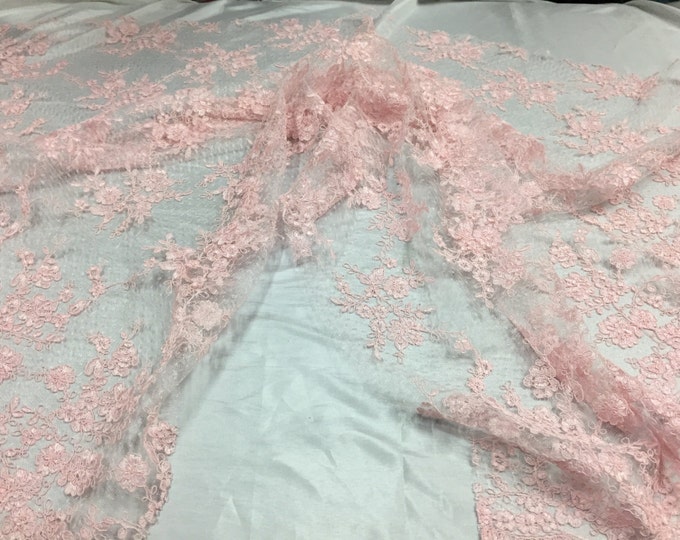 Sensational Light pink flowers Embroider And Corded On a Polkadot Mesh Lace-prom-nightgown-decorations-dresses-sold by the yard.