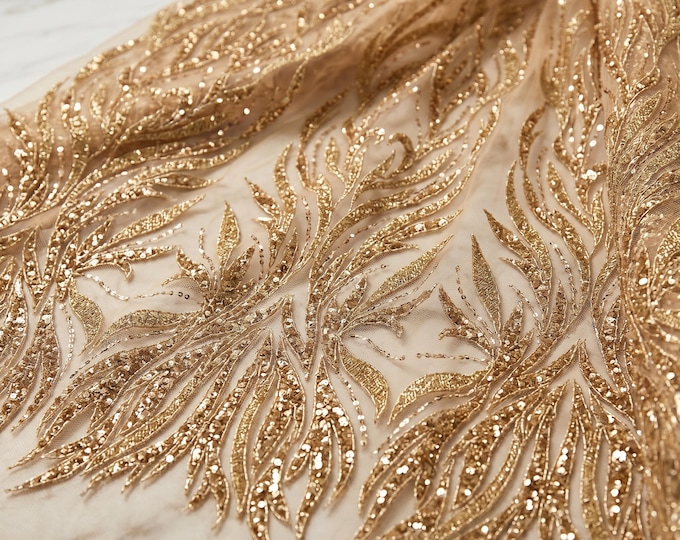 Rose Gold Damask Embroidered Beaded Mesh Lace Fabric By The Yard, Luxury Bridal Lace For Wedding Dresses, Prom Gowns & Couture Fashion