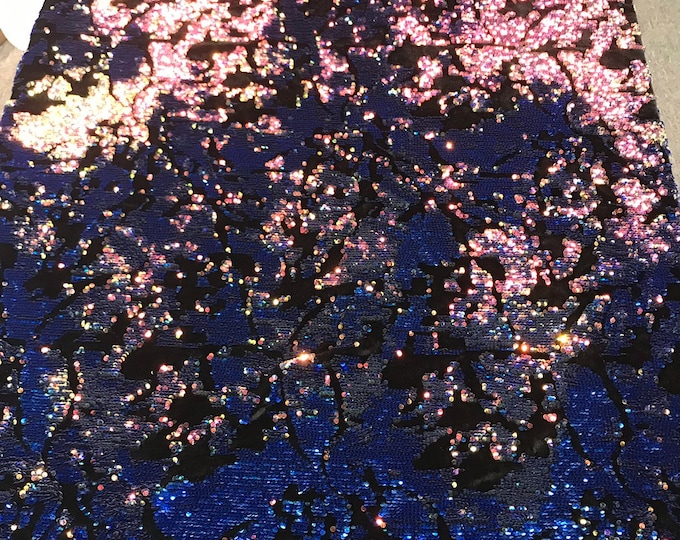 Royal blue iridescent and reversible sequins embroidery on a black 4 way stretch velvet-dresses-fashion-sold by the yard-free shipping USA.