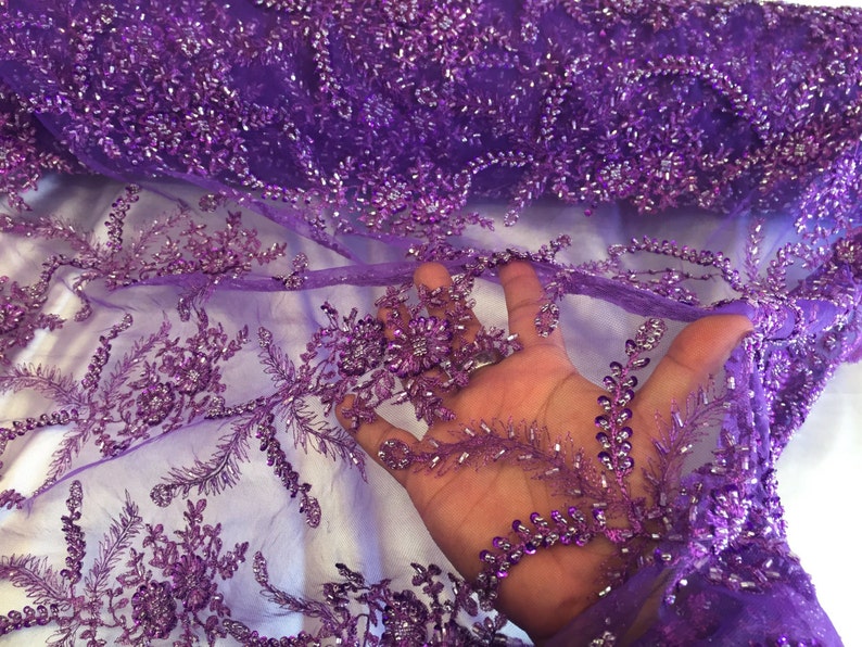 Purple flower burst design embroider on a mesh lace with glass beads-wedding-bridal-prom-nightgown fabric-dresses-sold by the yard-