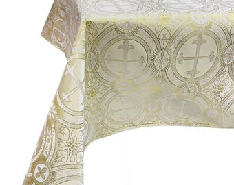 Beige Gold Cross Brocade Tablecloth – Religious Jacquard Satin Overlay